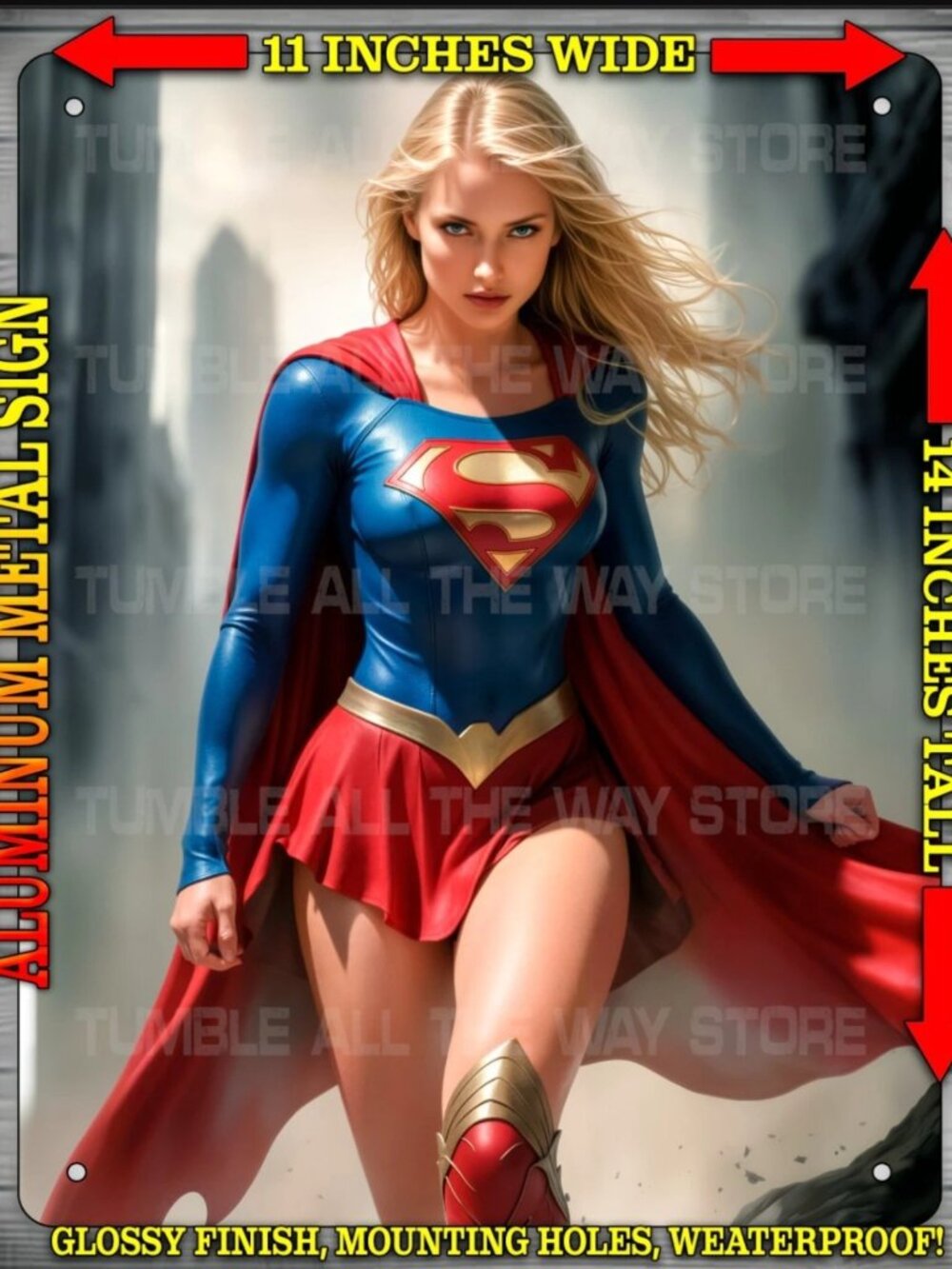 Sexy Supergirl Kara Superhero Strut in City Metal Sign Wall Art 14" x 11"